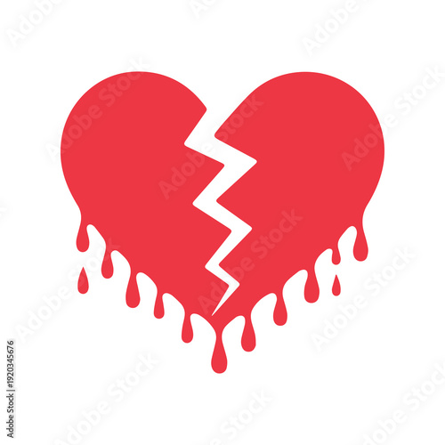 Broken red heart symbol with jagged crack and dripping effect conveying heartbreak sadness and emotional pain