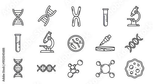 Science Icons: DNA, Microscope, Chromosome, Test Tube, Molecule, Petri Dish