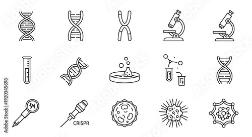 Science Icons: DNA, Microscope, Test Tube, Molecule, Petri Dish, Pipette