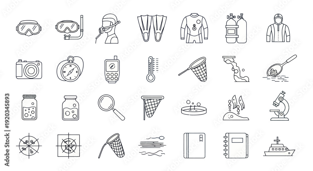 Fototapeta premium Scuba Diving and Marine Biology Equipment Icons Set