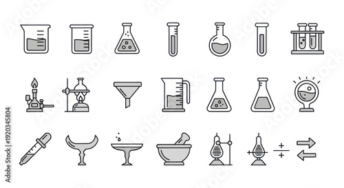 Science Lab Equipment Icons: Beaker, Flask, Test Tube, Mortar & Pestle, Bunsen Burner