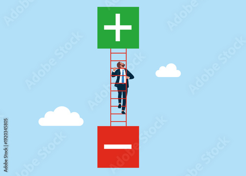 Businessman choosing button YES. Choice, problem and decision concept. Overcoming negativity bridge and positive growth. Flat vector illustration.