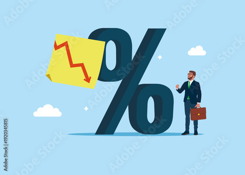 Percent symbol with red down arrow on sticky note. Modern vector illustration in flat style