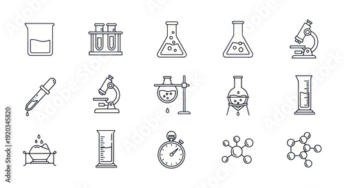 Science Lab Equipment Icons: Beaker, Flasks, Microscope, Dropper, Test Tubes, Stopwatch