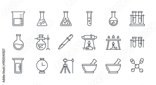 Science Lab Equipment Icons: Beaker, Flasks, Test Tubes, Pipette, Mortar Pestle