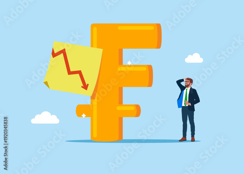 Swiss currency symbol Franc with red down arrow on sticky note. Modern vector illustration in flat style