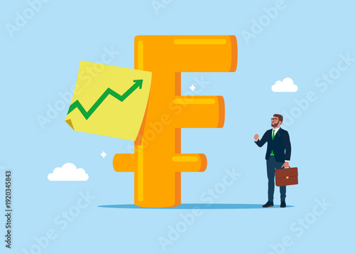Swiss currency symbol Franc with green up arrow on sticky note. Modern vector illustration in flat style