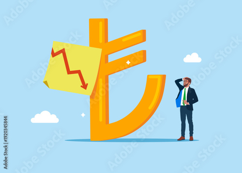 Turkish currency symbol Turkish Lira with red down arrow on sticky note. Modern vector illustration in flat style