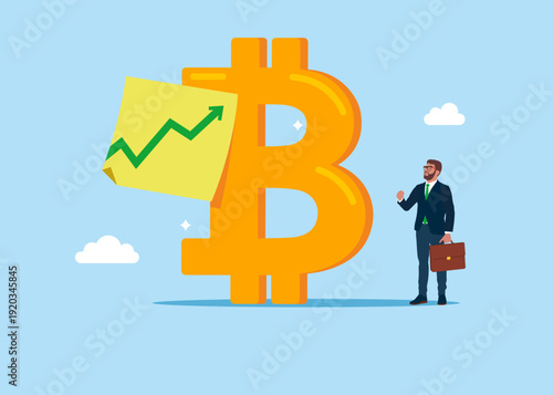 Digital cryptocurrency currency symbol Bitcoin with green up arrow on sticky note. Modern vector illustration in flat style