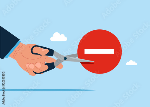 Businessman cutting scissors to cut round sign no entry. Cost reduction, negative Impact Reduction or cut price. Flat vector illustration.