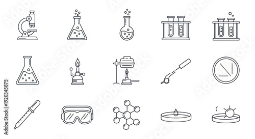 Science Laboratory Icons Set: Microscope, Flasks, Beakers, Test Tubes, Burner