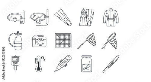 Scuba Diving and Marine Biology Equipment Icons Line Art
