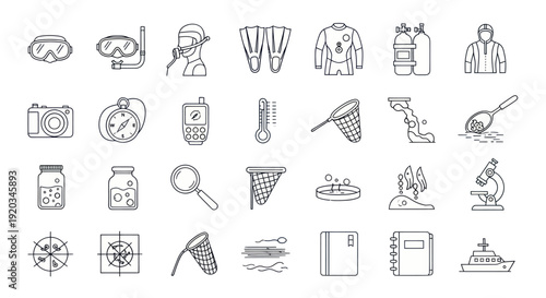 Scuba Diving and Marine Biology Equipment Icons Set