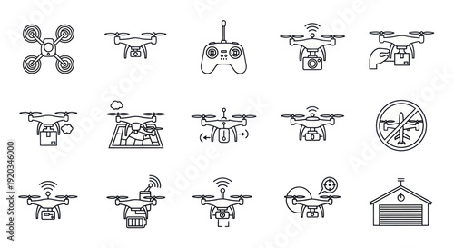 Set of Drone Icons and Illustrations: Quadcopters, Remote Control, Camera, Delivery