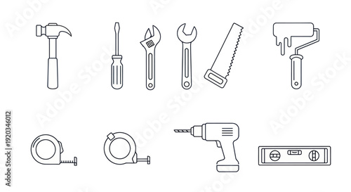 Set of Hand Tools and Power Drill Icons, DIY and Repair Equipment