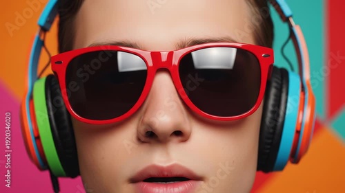 A vibrant portrait of a young man wearing red sunglasses and enjoying the music.

