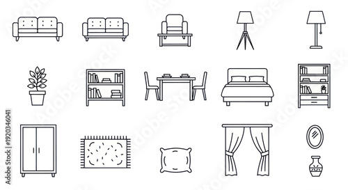 Set of line art icons for home interior furniture and decor, isolated on white