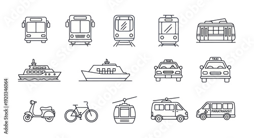 Set of Modern Transportation Icons: Bus, Train, Tram, Taxi, Ship, Scooter, Bike, Cable Car