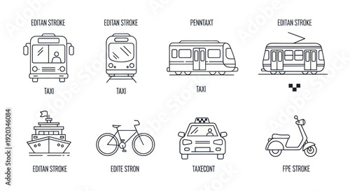 Set of Line Icons: Public Transport, Cars, Bicycle, Scooter, and Ship
