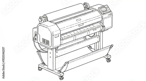 Large format printer machine with roll of paper on top for printing big signs and banners