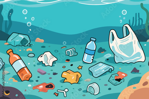 Underwater scene with plastic bottles, bags, cans, and trash on ocean floor, illustration highlighting marine pollution and environmental impact on ecosystems.