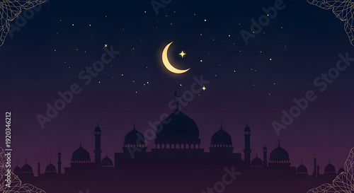 Ramadan Eid Mubarak mosque silhouette starry night crescent moon ornamental background