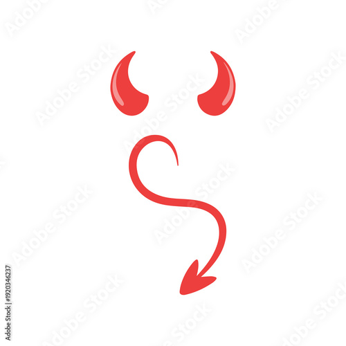 Playful red devil horns and tail symbol isolated on white background for fun mischief or humor concepts