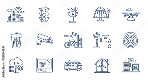 Smart City Technology Icons: Innovation and Urban Development Concepts