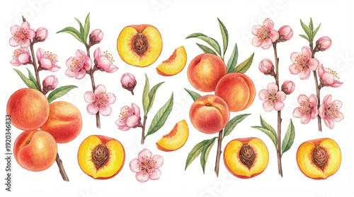 peaches and pink flowers on branches with green leaves on white background