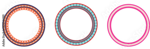 Three decorative circular frames with diverse patterns and colors displayed together on a clean background in a graphic illustration
