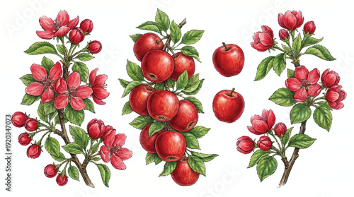 red apples and apple blossoms on tree branches