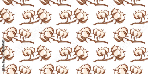 Seamless pattern with cotton flower on branch in flat style. Background for fabric, wrapping paper, wallpaper and organic branding design.