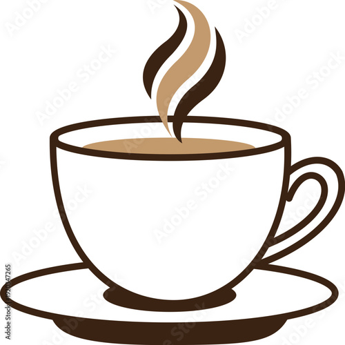 Hot coffee cup icon with steam and saucer vector illustration. Brown chocolate cafe symbol for restaurant menu design. Minimalist tea mug graphic isolated on transparent background clipart.