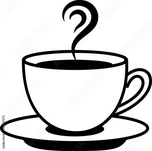 Hot coffee cup icon with steam and saucer vector illustration. Black cafe symbol for restaurant menu design. Minimalist tea mug graphic isolated on transparent background clipart.