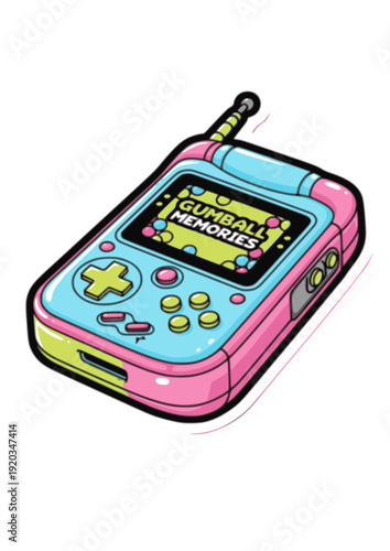 Retro 90s Y2K Flip Phone Bubbly Sticker Silhouette. Nostalgic Kidult Toy Tech Icon for Gen Z Fashion and Apparel Design.