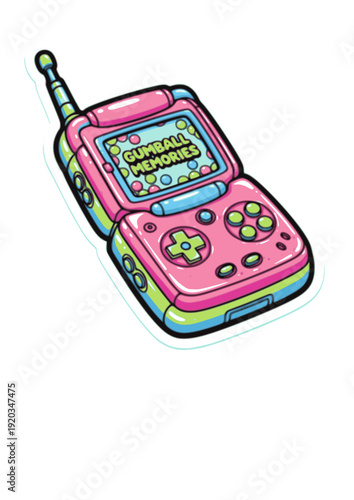 Retro 90s Y2K Flip Phone Bubbly Sticker Silhouette. Nostalgic Kidult Toy Tech Icon for Gen Z Fashion and Apparel Design.
