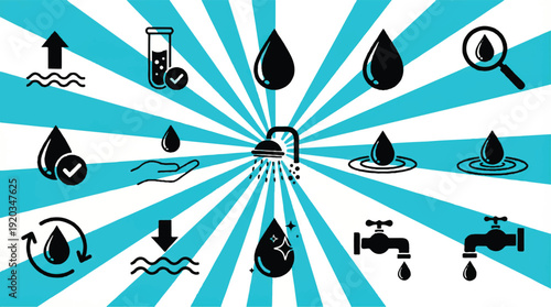 Water conservation and management icons in a circular pattern on a white and blue background