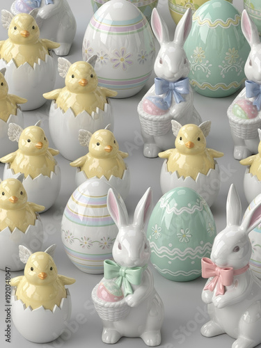 Ceramic Easter bunnies and chicks in cracked eggs with pastel decorated eggs arranged for spring holiday celebration concept and festive decor