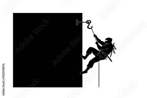 Ninja Scaling Wall with Grappling Hook Silhouette Vector for Stealth Infiltration and Parkour Action Illustration