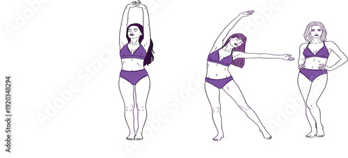 Female Body Positive Illustration Set Showing Women in Underwear Posing and Stretching, Confident Natural Figures, Hand Drawn Vector Isolated on White Background