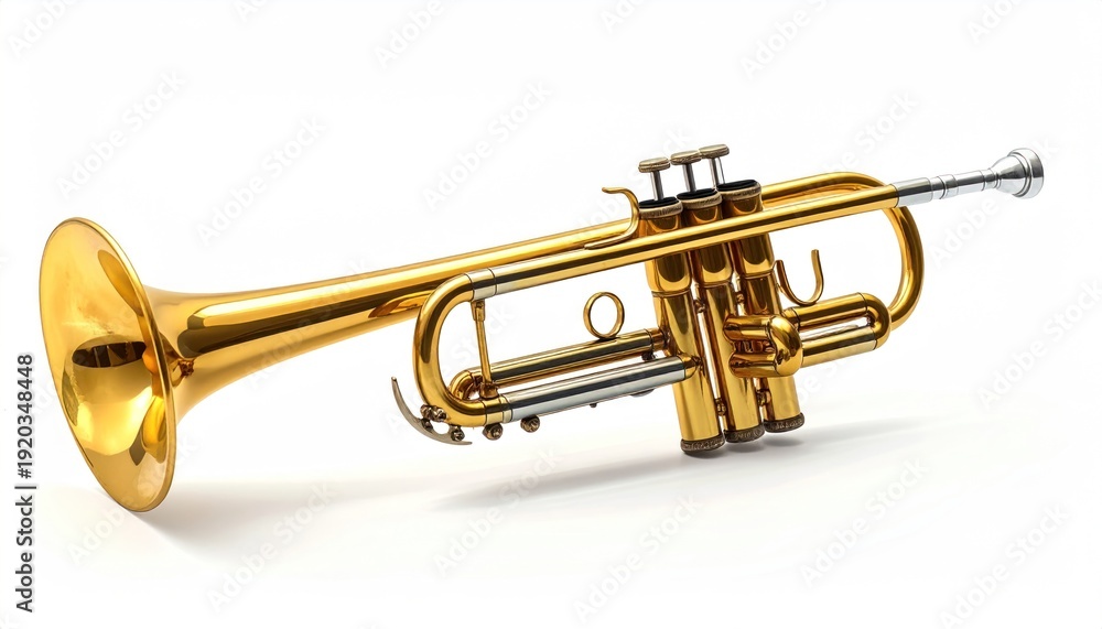 Obraz premium Elegant golden trumpet isolated on white background for musical performance.