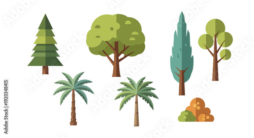 Diverse Flat Tree Collection: Evergreen, Palm, Cypress, and Deciduous Styles