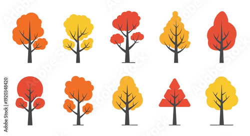 Set of Autumn Trees in Various Shapes and Colors: Orange, Yellow, Red