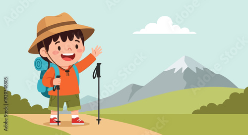 Happy cartoon boy hiker with backpack and trekking poles waving on a scenic mountain trail