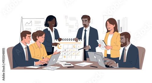 Diverse business team collaborating in meeting.