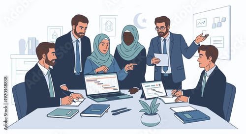 Diverse business team collaborating in office.