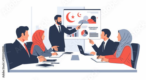 Diverse team in business meeting presentation.