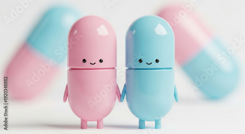Pink and Blue Capsule Characters Holding Hands on White Background