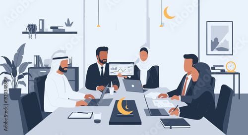 Business professionals in a modern office meeting.