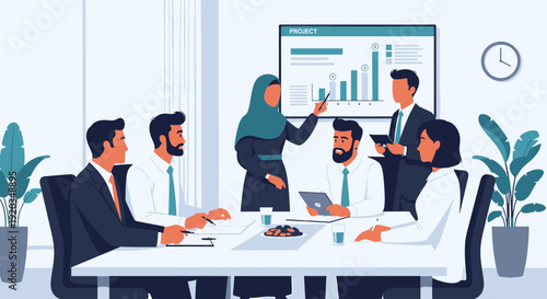 Diverse business team discussing strategy.